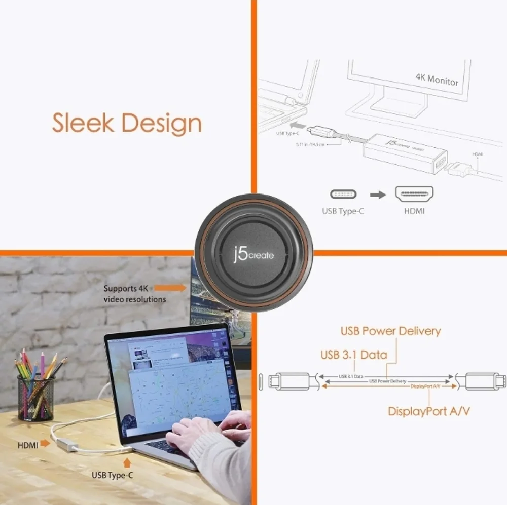 j5create USB Type-C to 4K HDMI Adapter JCA153 / 4K @60 Hz/for MacBook, Chromeboo
